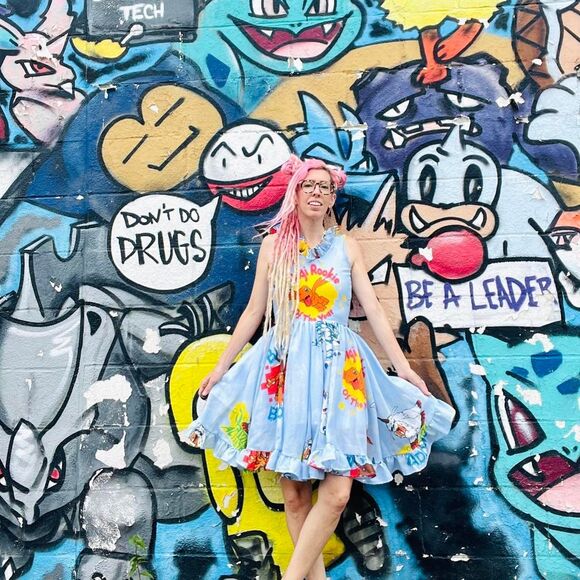 New York Couture *One of a Kind* VINTAGE Digimon Print Ruffle Dress - Picture 3 of 7
